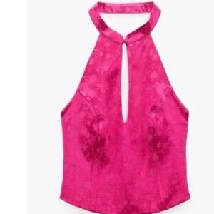 ZARA Women’s Jacquard Pink Halter Crop Top Size Medium Style 9006/160